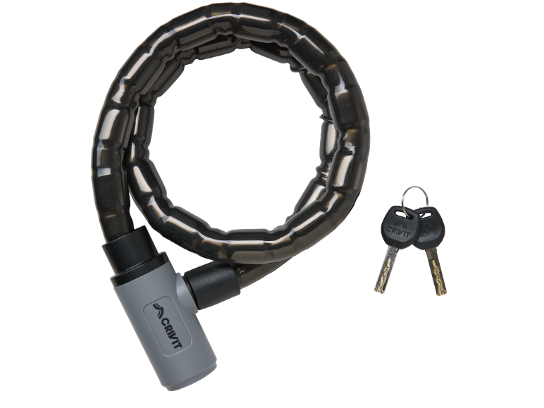 Lucchetto a catena per bicicletta con due chiavi su sfondo nero.