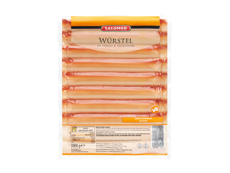 Confezione di würstel di pollo e tacchino, con informazioni nutrizionali e istruzioni di cottura.
