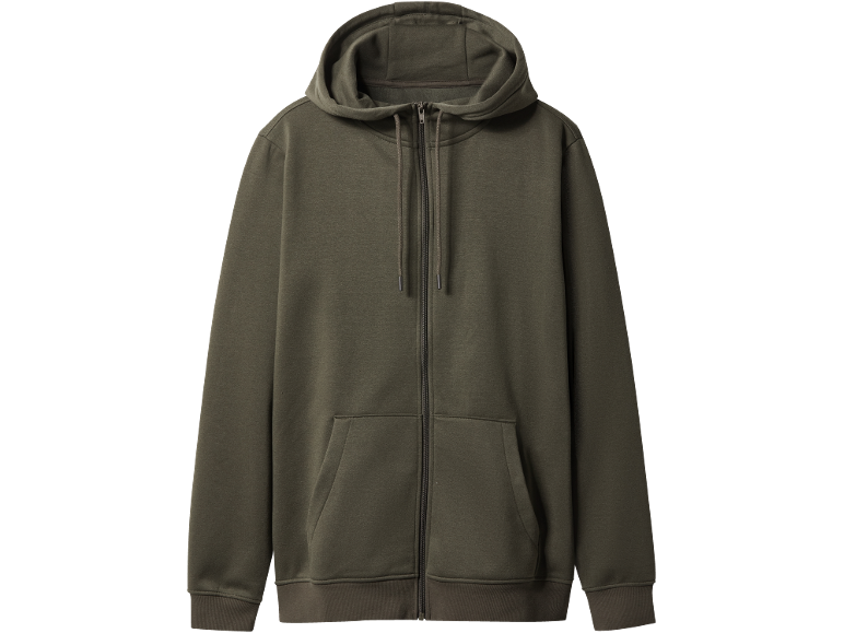 Felpa con cappuccio verde scuro con cerniera, coulisse e tasche a marsupio.