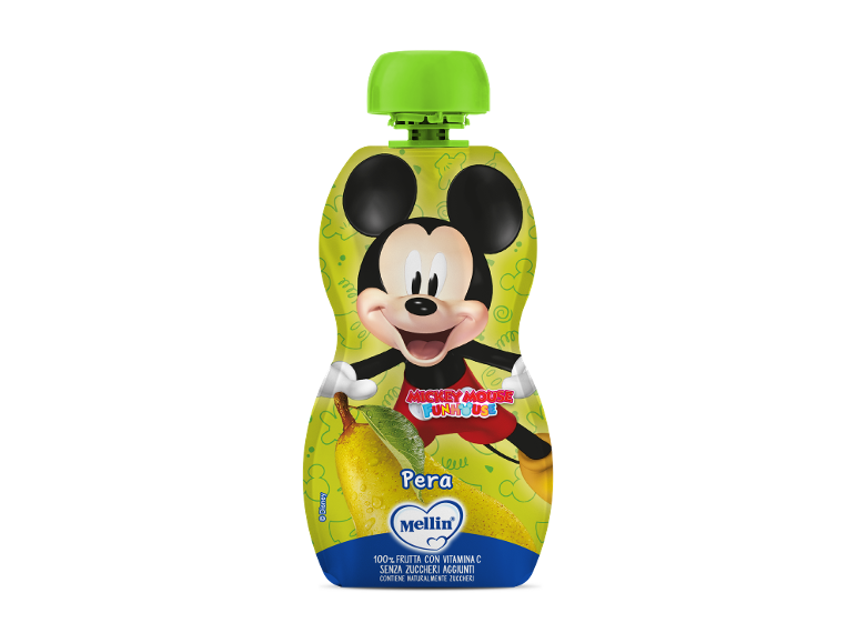 Omogeneizzato di frutta Topolino alla pera, 100% frutta, senza zuccheri aggiunti.