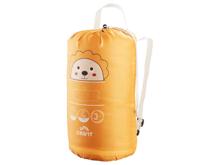 Sacco a pelo arancione per bambini con design a leone cartone animato e 3 anni di garanzia.