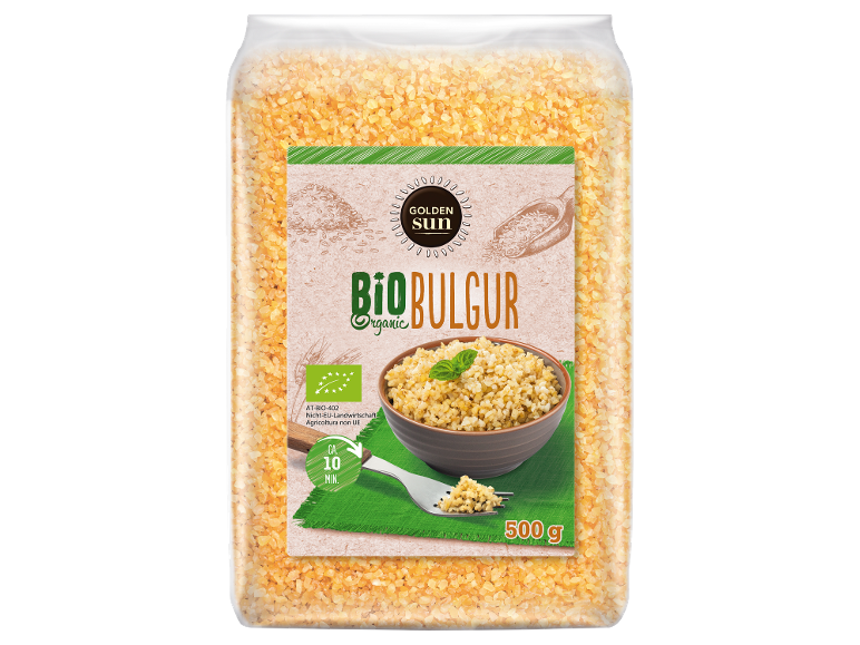 Bulgur biologico in un sacchetto trasparente, con una ciotola di bulgur cotto sull'etichetta.