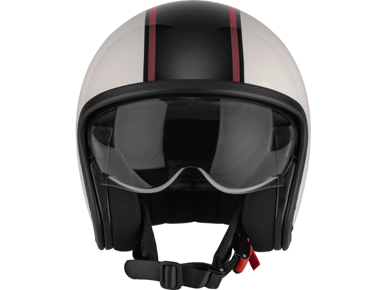 Casco da moto bianco con strisce nere e rosse, con visiera trasparente.
