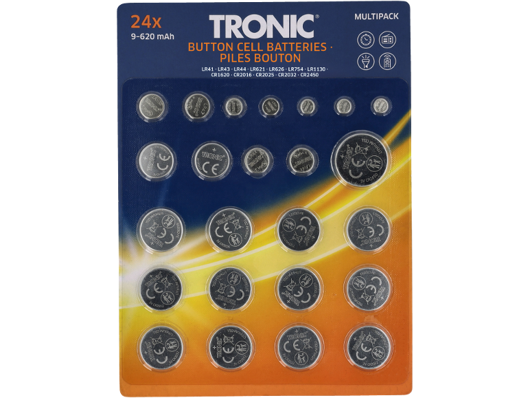Multipack da 24 batterie a bottone di varie dimensioni e capacità.