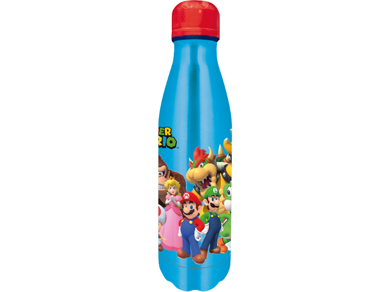 Bottiglia d'acqua blu con tappo rosso, con personaggi di videogiochi come Mario e Luigi.
