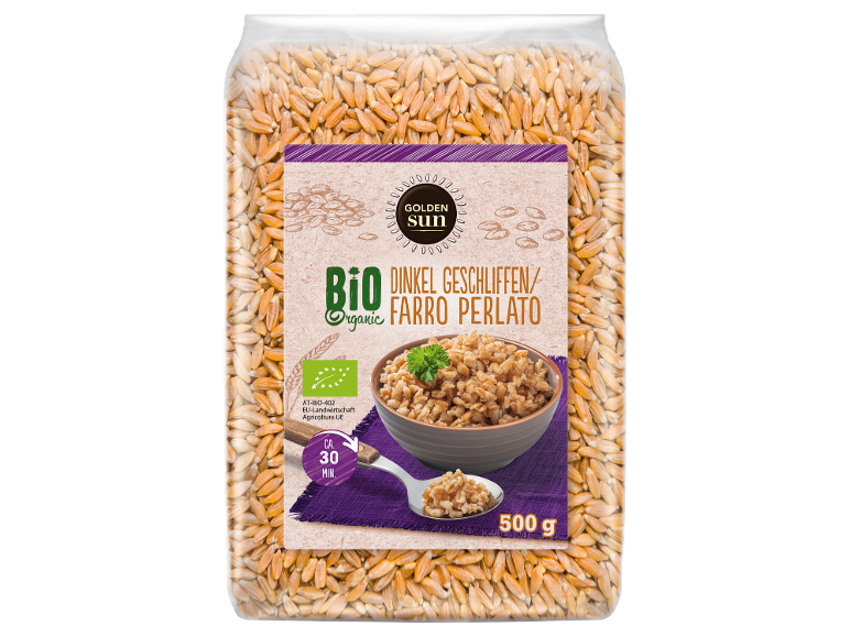 Farro perlato biologico in una busta trasparente, con una ciotola di farro cotto.