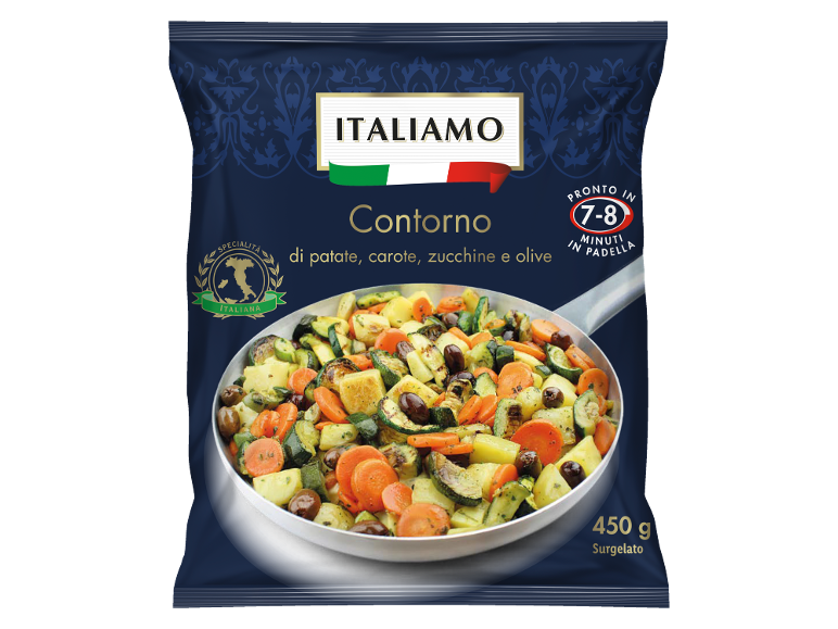 Contorno di verdure surgelate con patate, carote, zucchine e olive, pronto in 7-8 minuti.