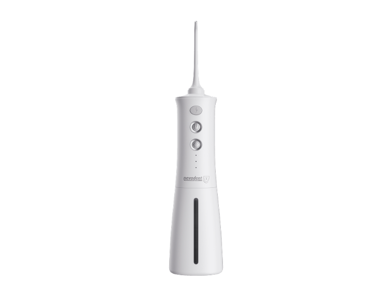 Idropulsore dentale bianco con ugello, pulsanti di controllo e indicatore del livello dell'acqua.