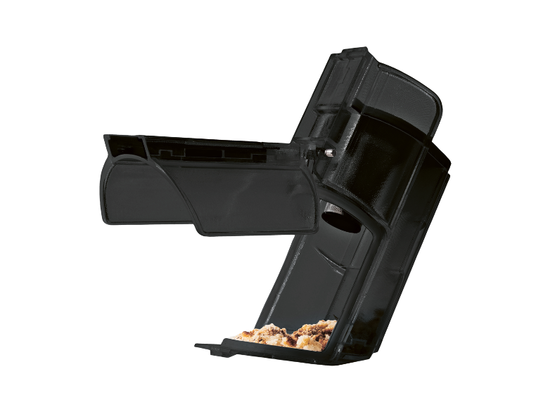 Vassoio raccoglibriciole nero con coperchio e briciole all'interno