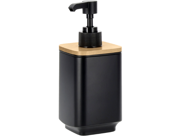 Dispenser di sapone nero opaco con pompa e coperchio in bambù.