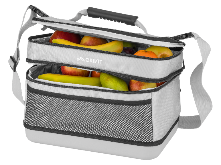Borsa frigo a due scomparti piena di frutta fresca, tra cui mele, banane e arance.
