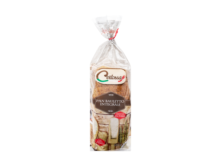 Pane integrale confezionato con etichetta 'Pan Bauletto Integrale' e 'Ricco in Fibre'.