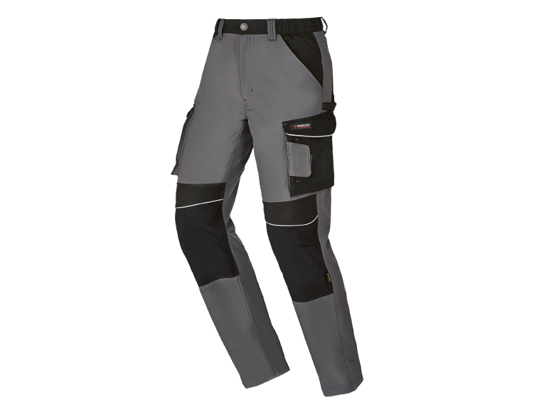 Pantaloni da lavoro grigi e neri con tasche e ginocchia rinforzate.