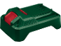 Batteria verde per utensile elettrico con pulsante di rilascio rosso.