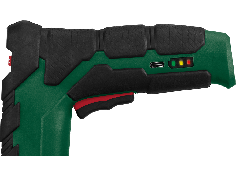 Utensile a batteria verde e nero con grilletto rosso, porta USB e indicatore di batteria.