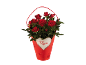 Rose rosse in un cesto rosso con un cuore che dice 'Rosa'.