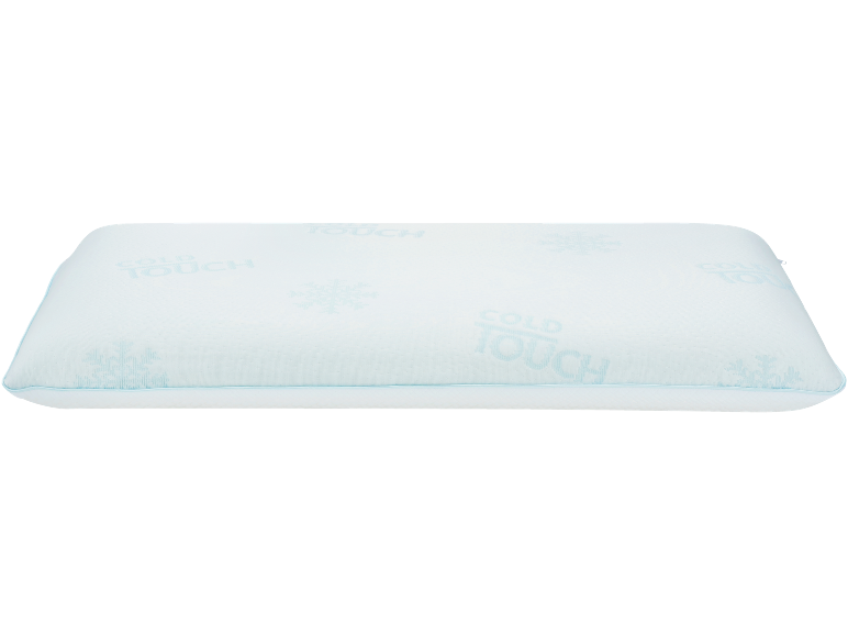 Cuscino azzurro con scritta 'COLD TOUCH' e motivi a fiocco di neve.