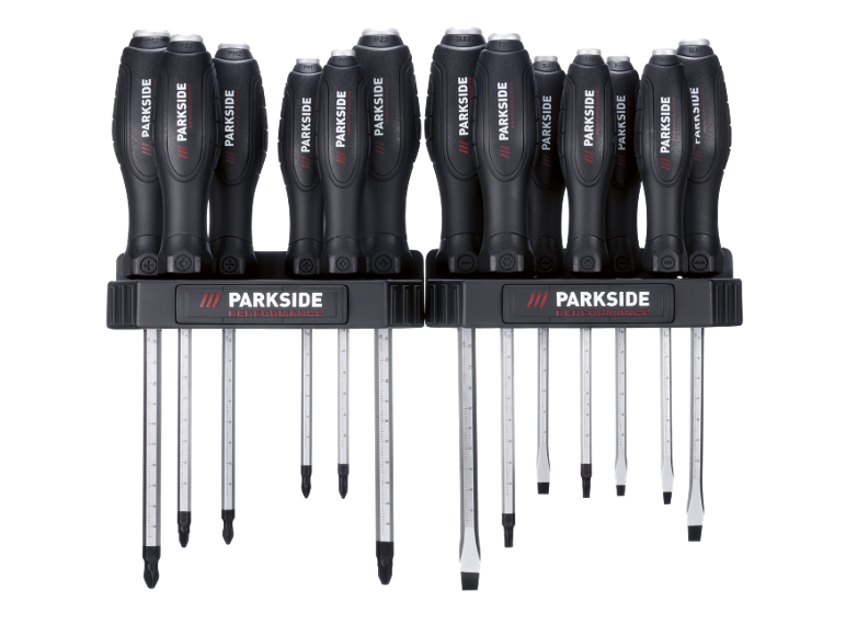 Set di cacciaviti di precisione con impugnature ergonomiche e supporti, inclusi punte Phillips, Pozidriv, Torx e piatte.