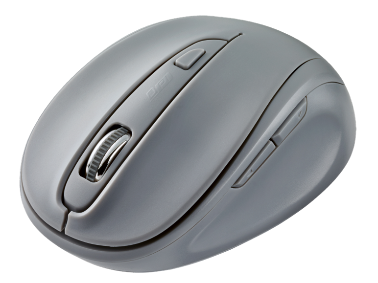 Mouse per computer wireless grigio con rotella di scorrimento e pulsanti DPI.