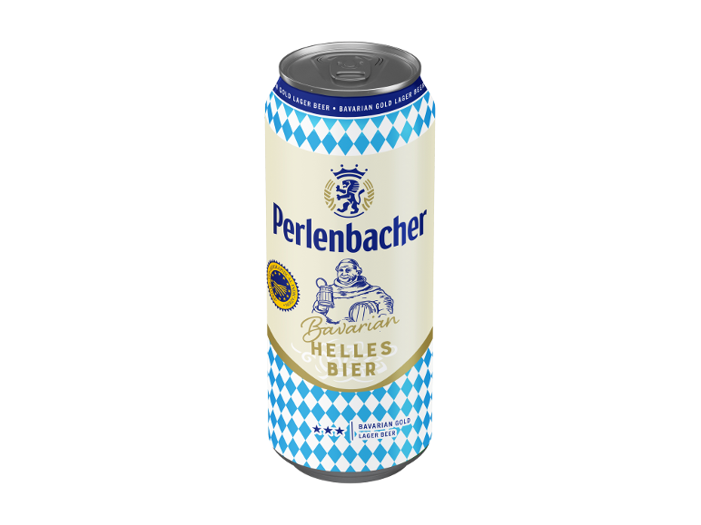 Lattina di birra bavarese Helles con motivo a rombi blu e bianchi.