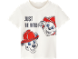 Maglietta bianca per bambini con stampa di cane cartone animato e testo 'JUST BE KIND!'.