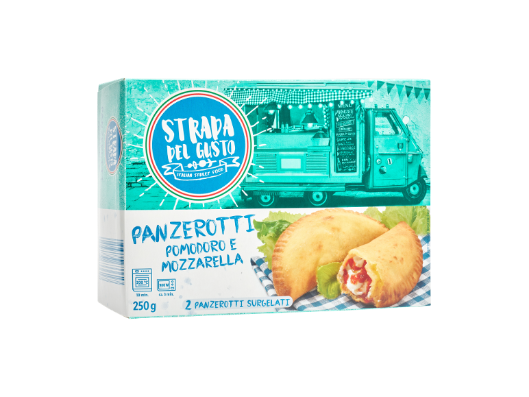 Scatola di panzerotti pomodoro e mozzarella, con istruzioni di cottura e peso.