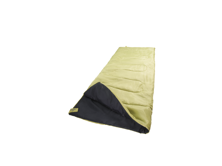 Sacco a pelo verde e grigio scuro, parzialmente aperto, su sfondo nero.