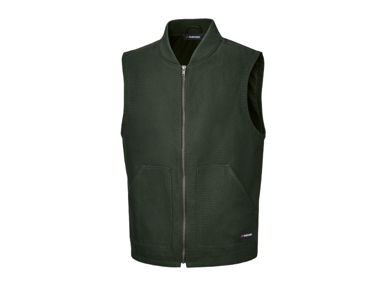 Gilet da lavoro da uomo verde scuro con cerniera e tasche.