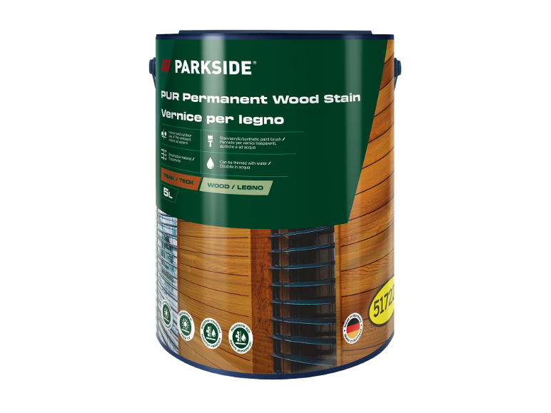 Lattina da 5L di vernice permanente per legno PUR Teak/Teck per interni ed esterni.