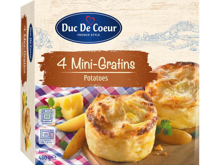 Confezione da 4 mini-gratin di patate, con istruzioni di cottura e 480g.
