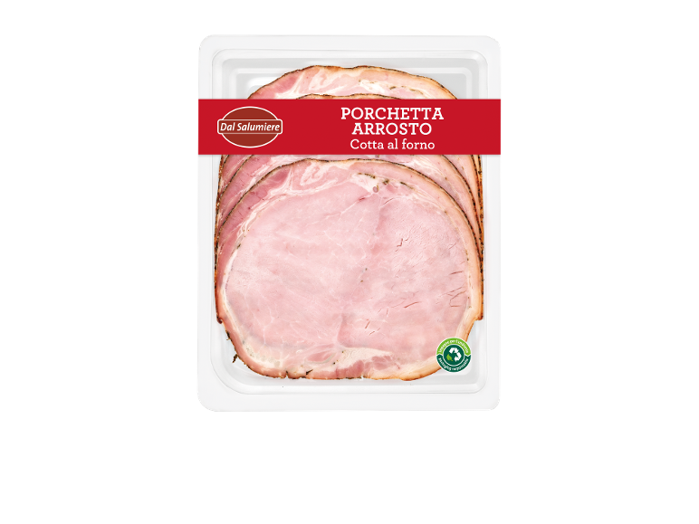 Porchetta arrosto confezionata, cotta al forno, con imballaggio responsabile.