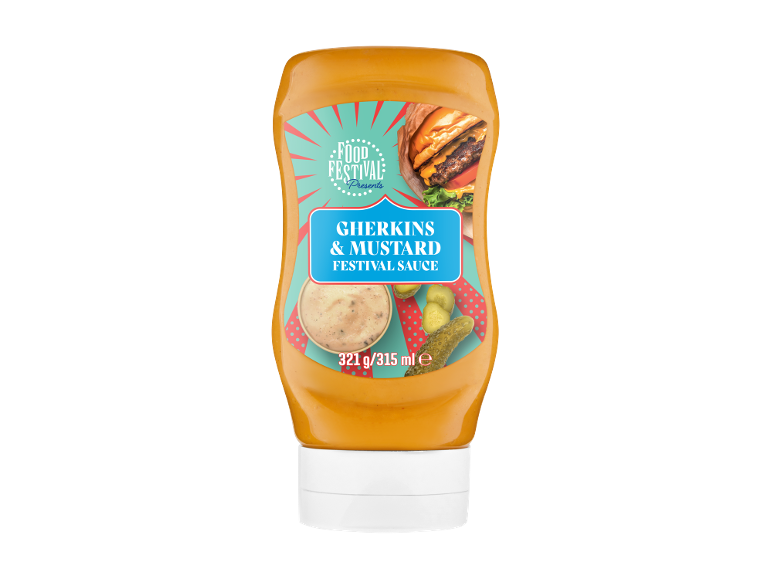 Salsa Festival Cetriolini e Senape in bottiglia squeeze, con immagini di hamburger e salsa.
