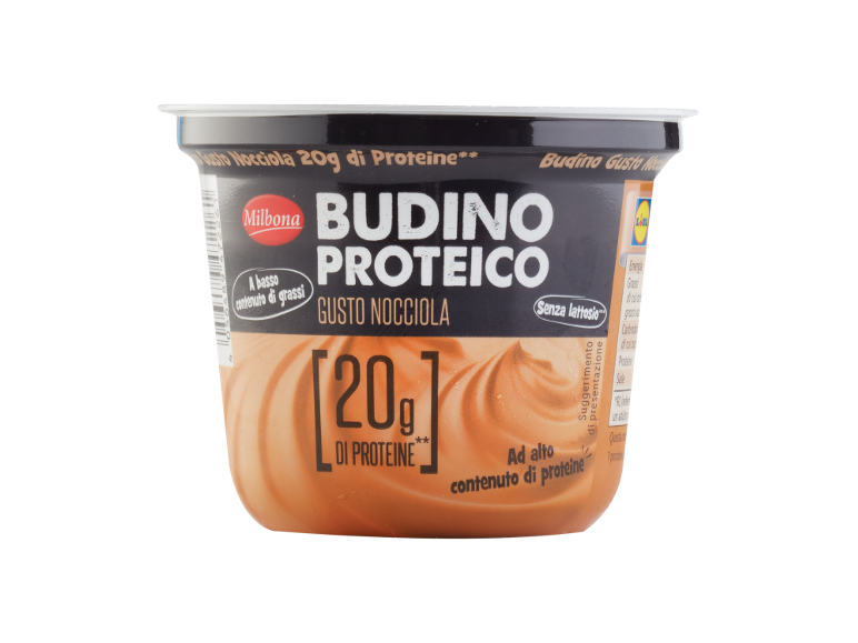 Budino proteico al gusto nocciola, 20g di proteine, a basso contenuto di grassi e senza lattosio.