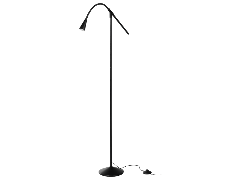 Lampada da terra nera con collo regolabile e base rotonda.