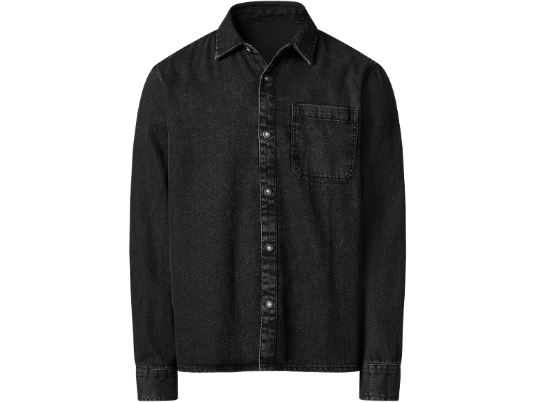 Camicia di jeans nera a maniche lunghe con taschino sul petto.