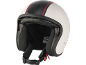 Casco da moto bianco con strisce nere opache e bordeaux, interno in pelle nera.
