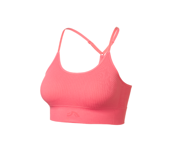 Top sportivo da donna rosa a costine con spalline incrociate sulla schiena.