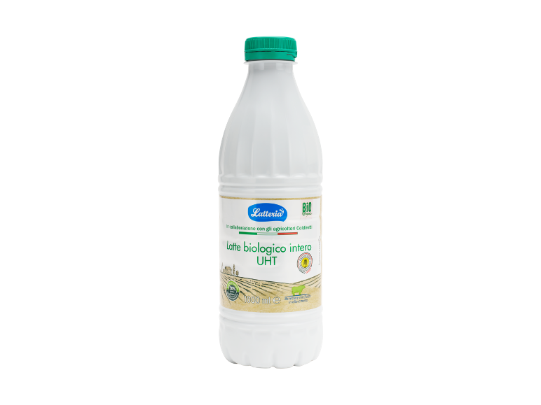 Bottiglia di latte biologico intero UHT da 1000 ml con tappo verde.