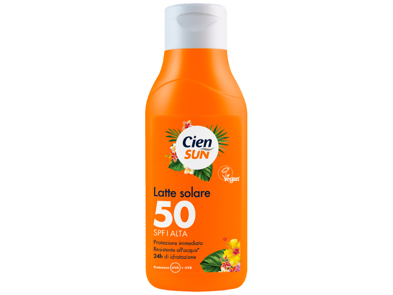 Latte solare arancione con SPF 50, protezione UVA/UVB, resistente all'acqua e 24h di idratazione.
