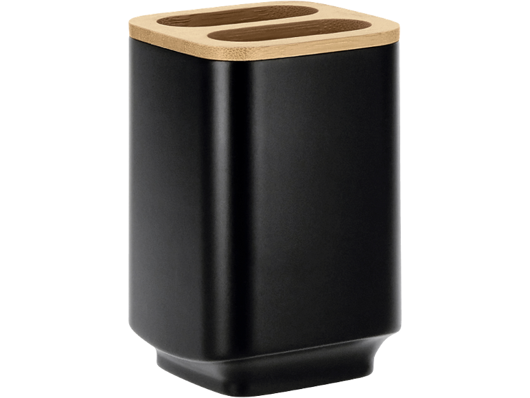Portaspazzolini nero opaco con coperchio in bambù.