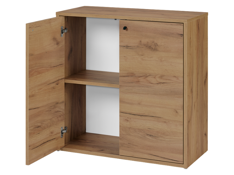 Mobile in legno con due ante, una aperta, che rivela due ripiani.