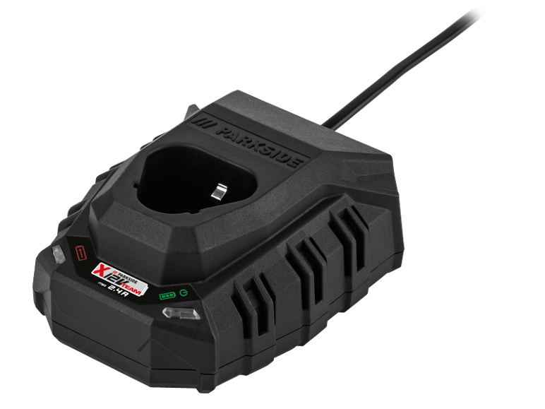 Caricabatterie nero per utensili elettrici con cavo, con testi 'X12V TEAM' e 'max 2.4A'.