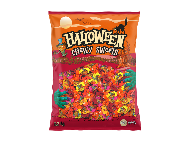 Sacchetto di caramelle gommose di Halloween con tema zucca, gatto nero e casa stregata.