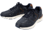 Paio di sneakers blu scuro con dettagli marroni e suole bianche.