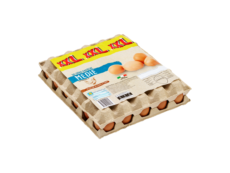Confezione da 30 uova fresche medie da galline allevate a terra.