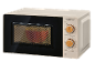Forno a microonde color crema con sportello nero, manopole in legno per potenza e timer, e design retrò.