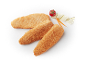 Tre filetti di pesce impanati con guarnizione di pomodorino, carota e zucchina.