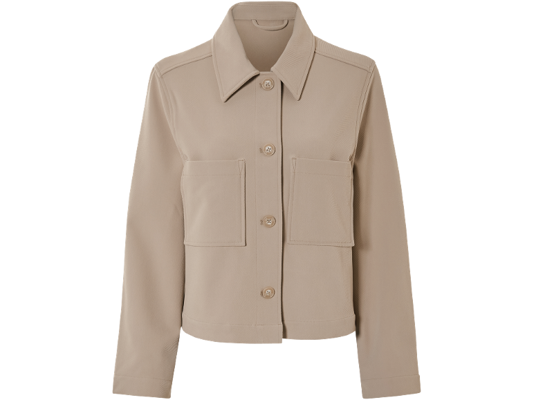 Giacca beige a maniche lunghe con colletto, tasche sul petto e bottoni.