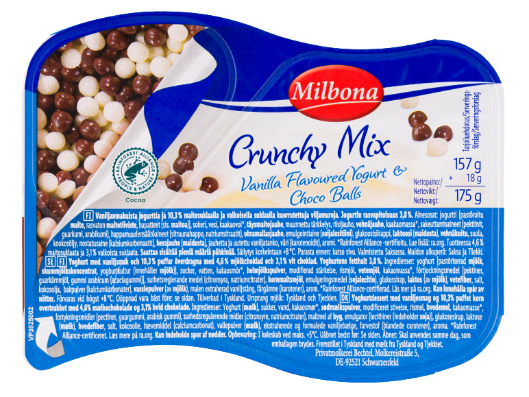 Yogurt alla vaniglia con palline di cioccolato croccanti in una confezione, con informazioni nutrizionali.