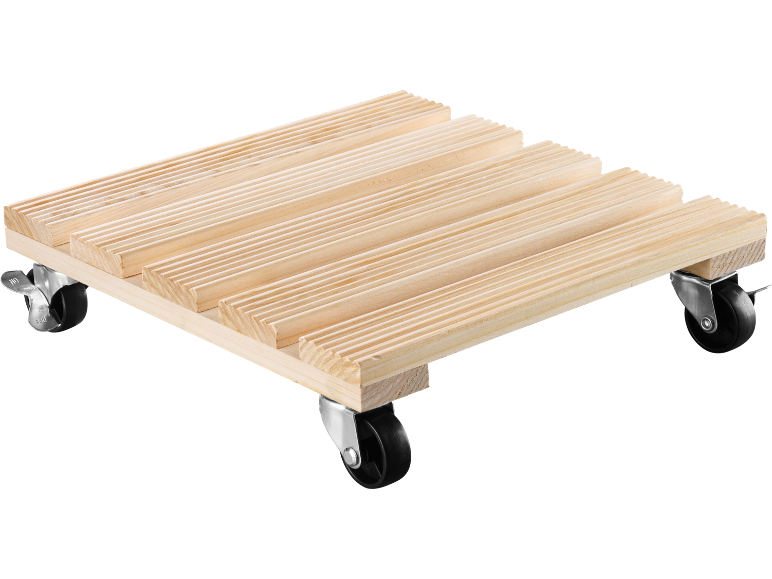 Carrello portapiante in legno con piano a doghe e quattro ruote, due con freno.